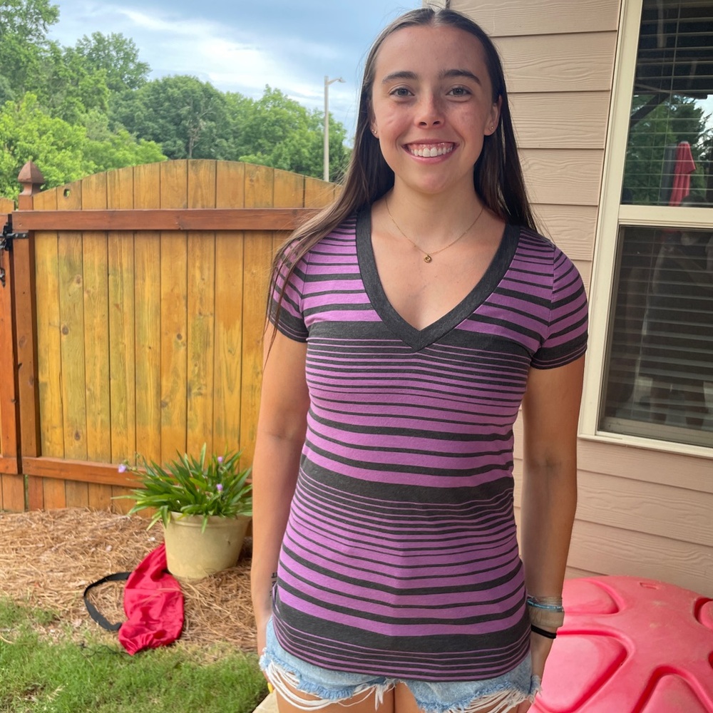 Mossimo Supply Co. Purple and Black Striped V-Neck Tee